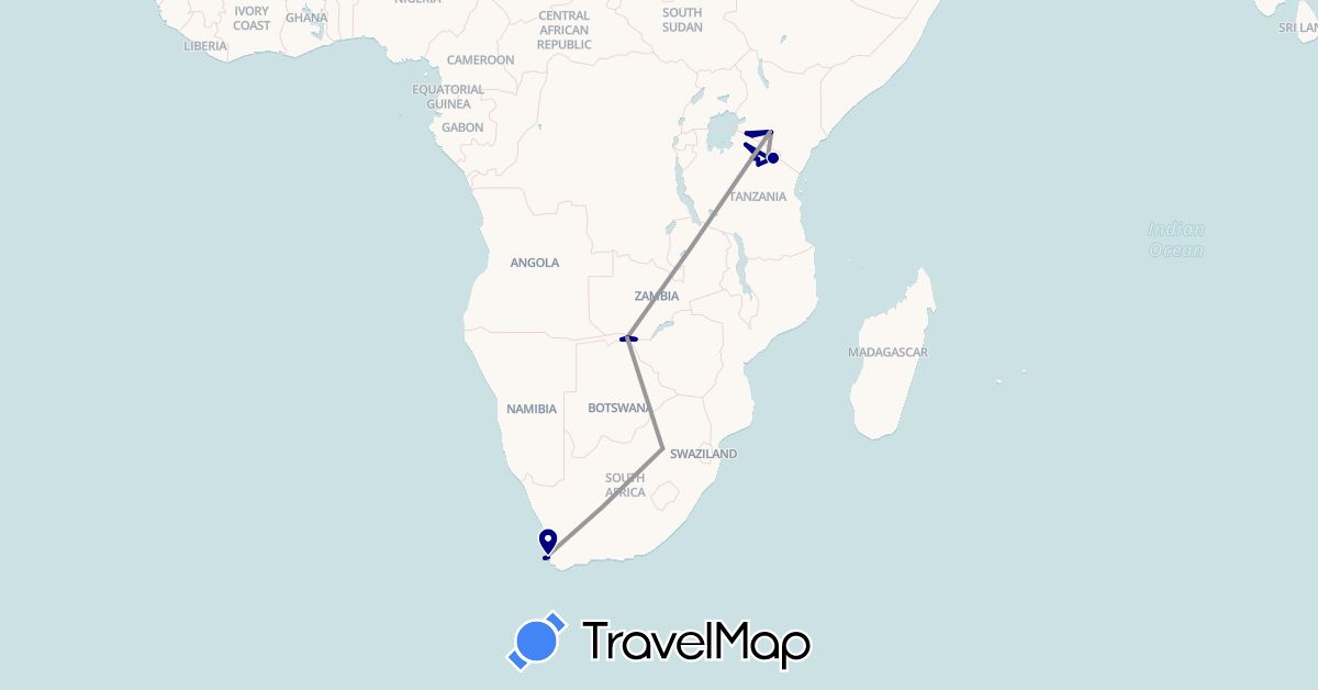 TravelMap itinerary: driving, plane in Botswana, Kenya, Tanzania, South Africa, Zimbabwe (Africa)